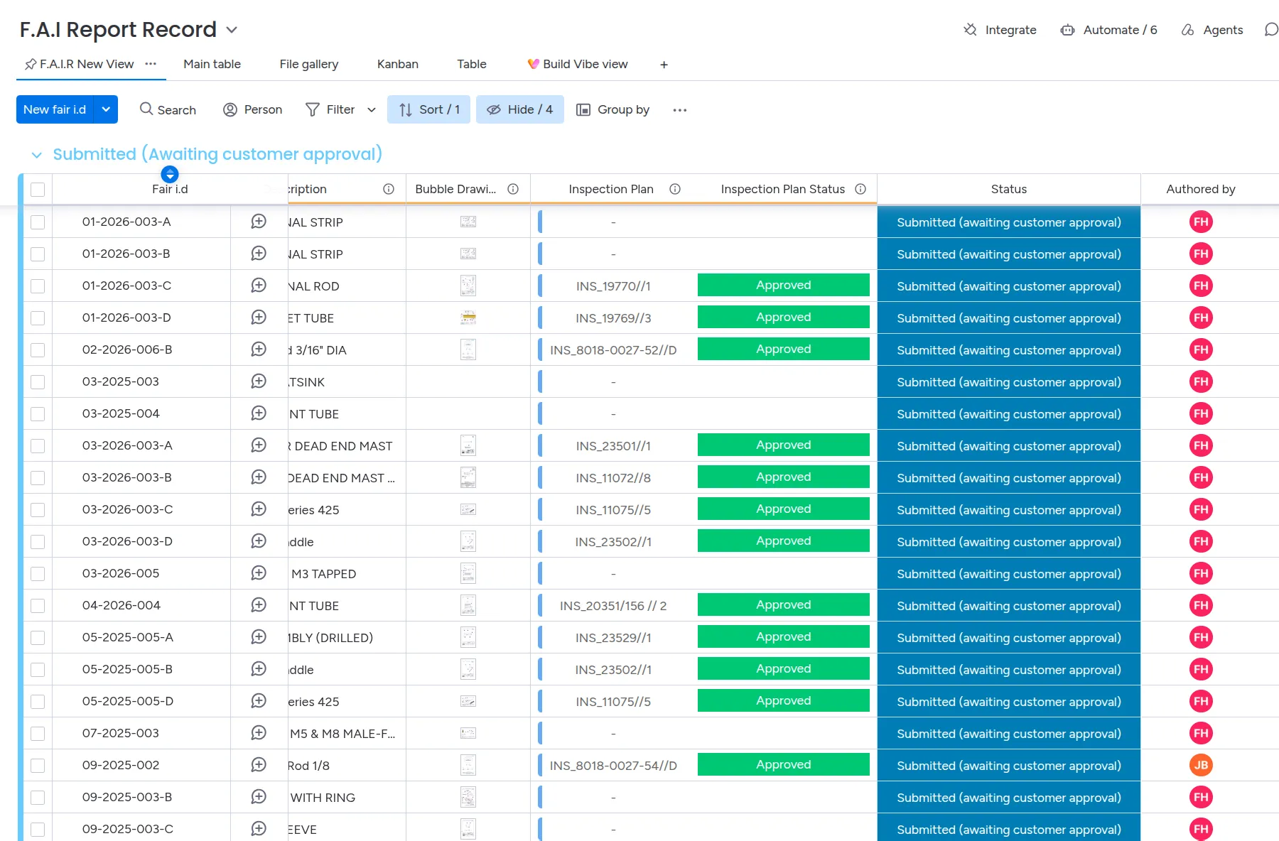 First Article Inspection report record in Solstrand's ERP, showing approved inspection plans